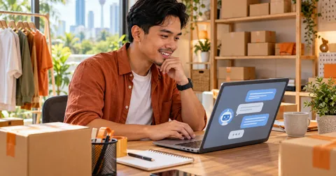 Penjual dalam talian menggunakan pembantu chat AI pada komputer riba di studio rumah yang dipenuhi timbunan bungkusan