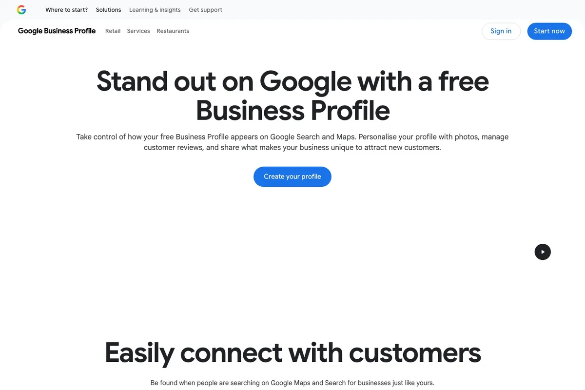 Tangkapan skrin halaman pendaftaran Google Business Profile