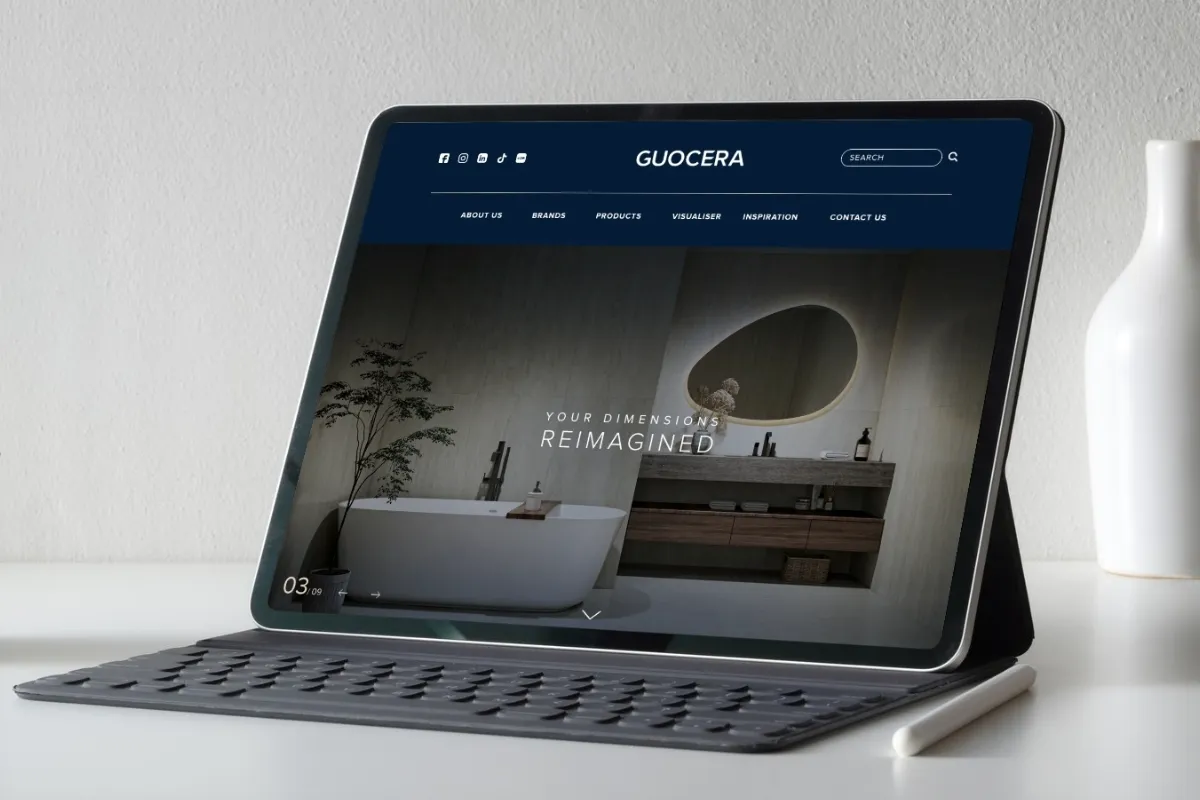 Guocera corporate website designed by O2O Digital, shown on a tablet
