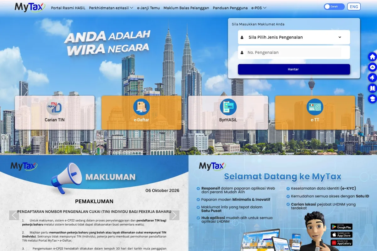 Screenshot of the MyTax portal home page with the TIN Search option
