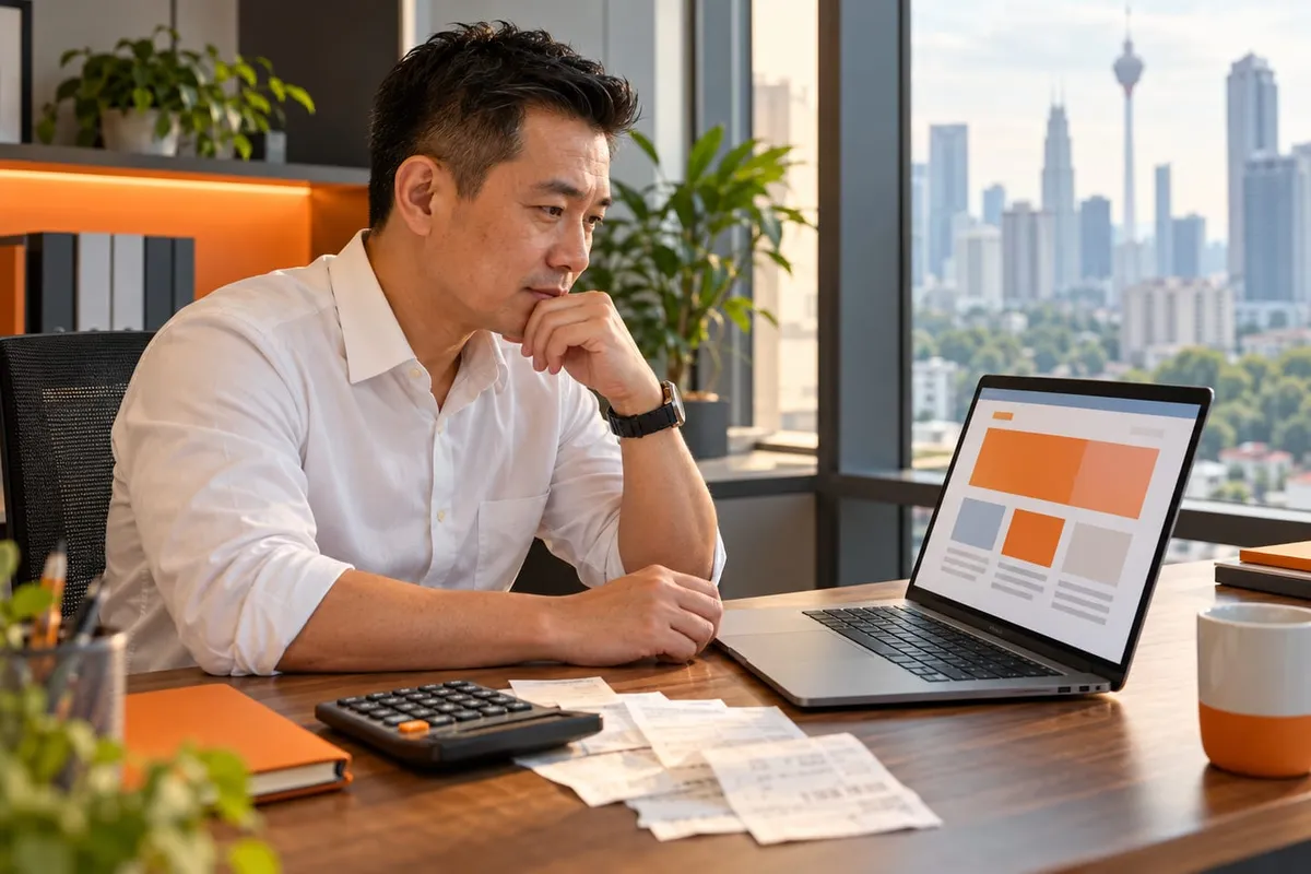 Business owner at an office desk reviewing a website design on a laptop beside a calculator and receipts