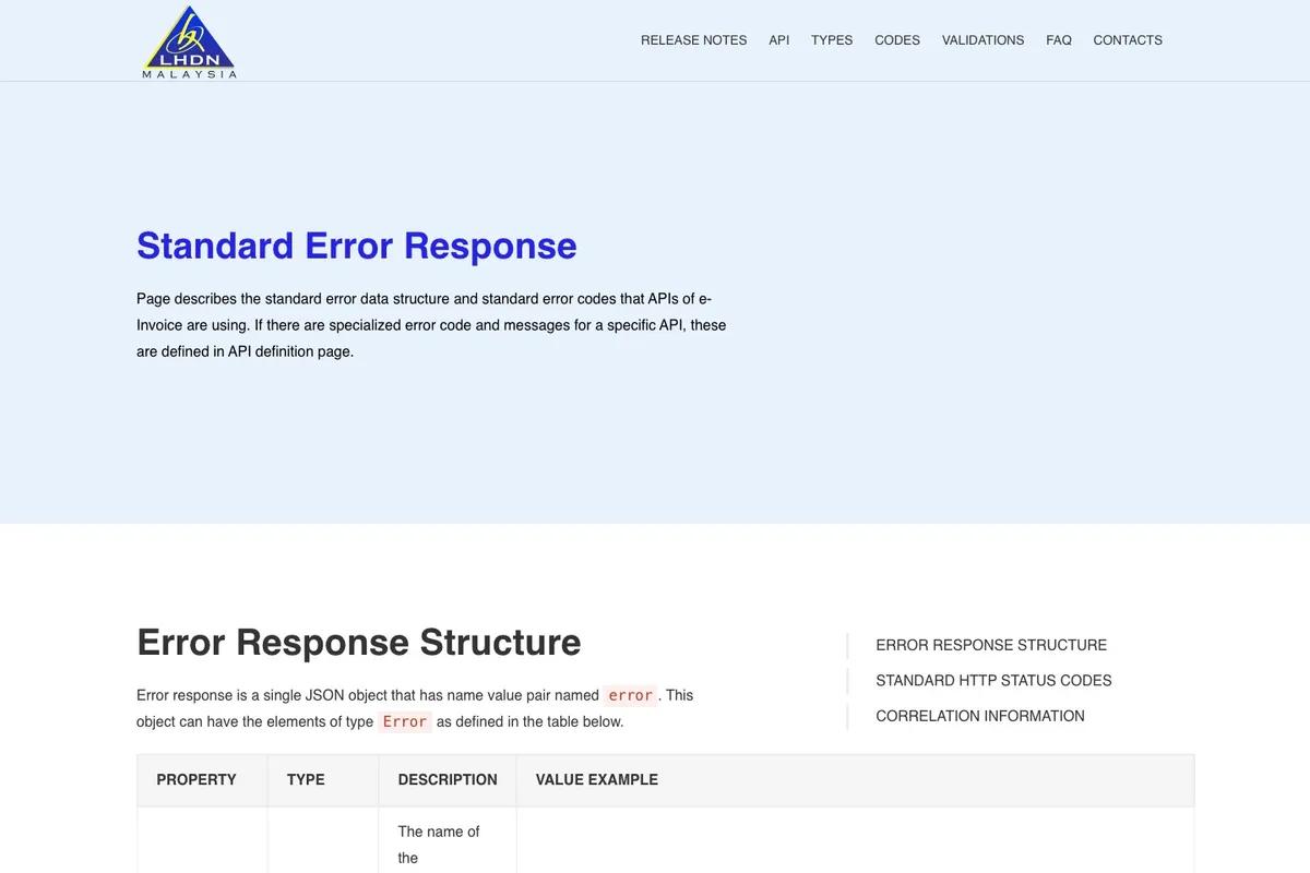 Tangkapan skrin halaman respons ralat standard MyInvois SDK