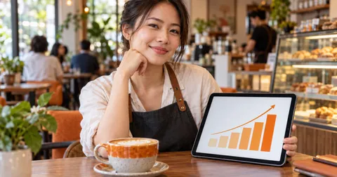 Pemilik kafe di meja memegang tablet yang memaparkan carta bar yang meningkat