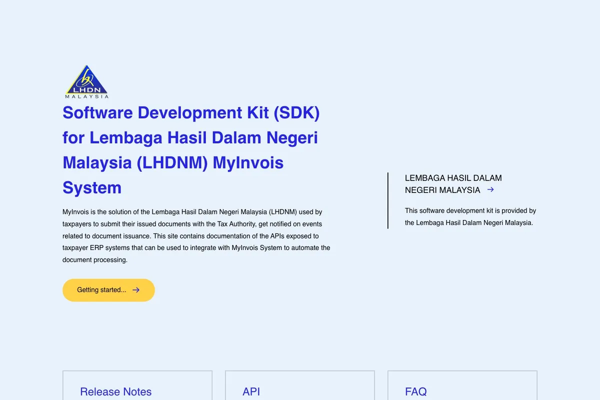 Tangkapan skrin laman dokumentasi SDK MyInvois LHDN