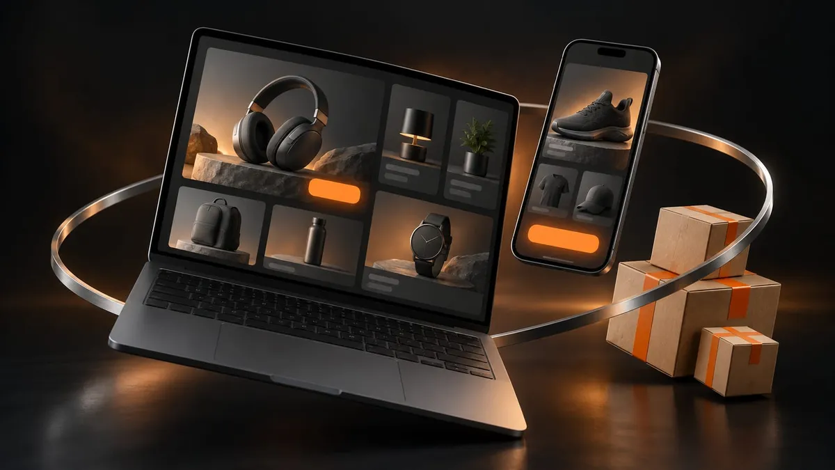 A laptop and phone showing an online store with an orange buy button, next to parcels ready to ship