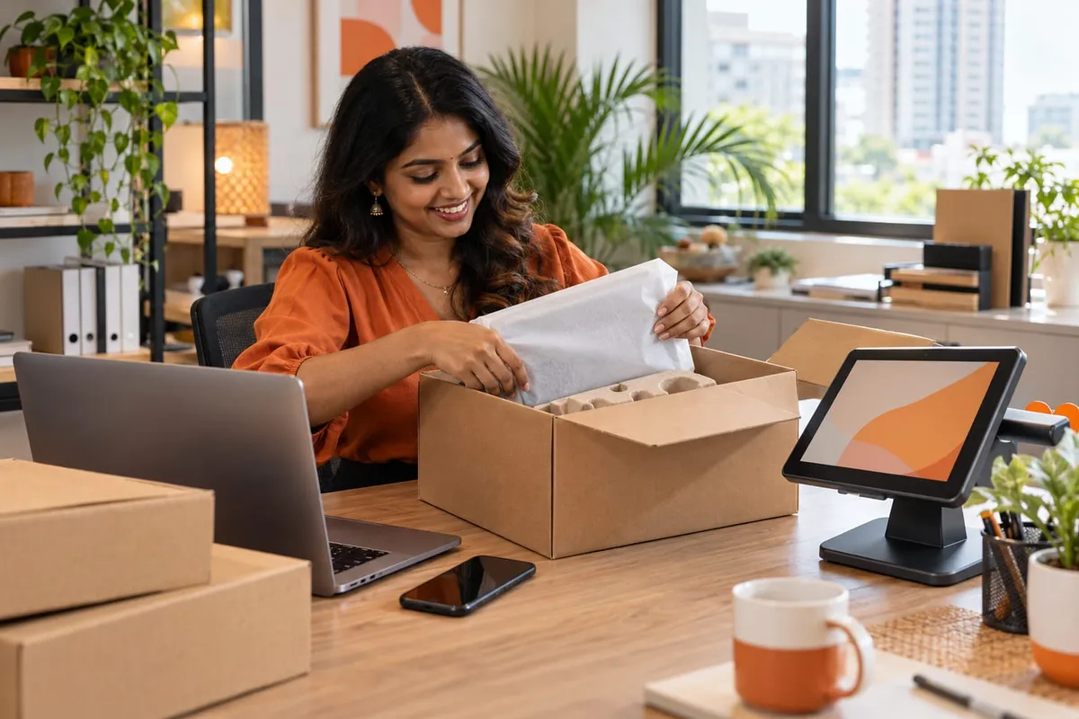 Office manager unboxing a new laptop, smartphone and point-of-sale tablet at a desk