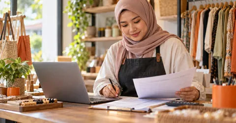 Pemilik kedai kecil menyemak dokumen dan komputer riba di kaunter kedai