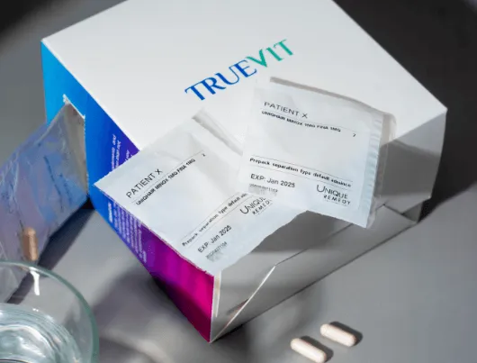 Truevit supplement box and sachet packaging, designed by O2O Creative